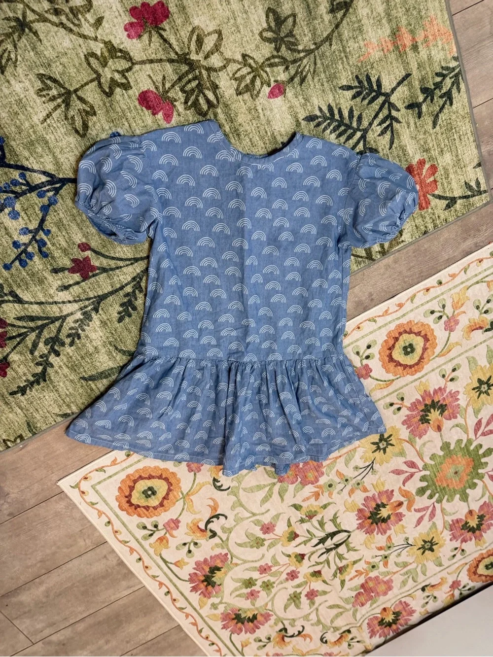 Tea Collection Girl’s Denim Blue Rainbow Puff-Sleeve Dress Size 7 100% Cotton